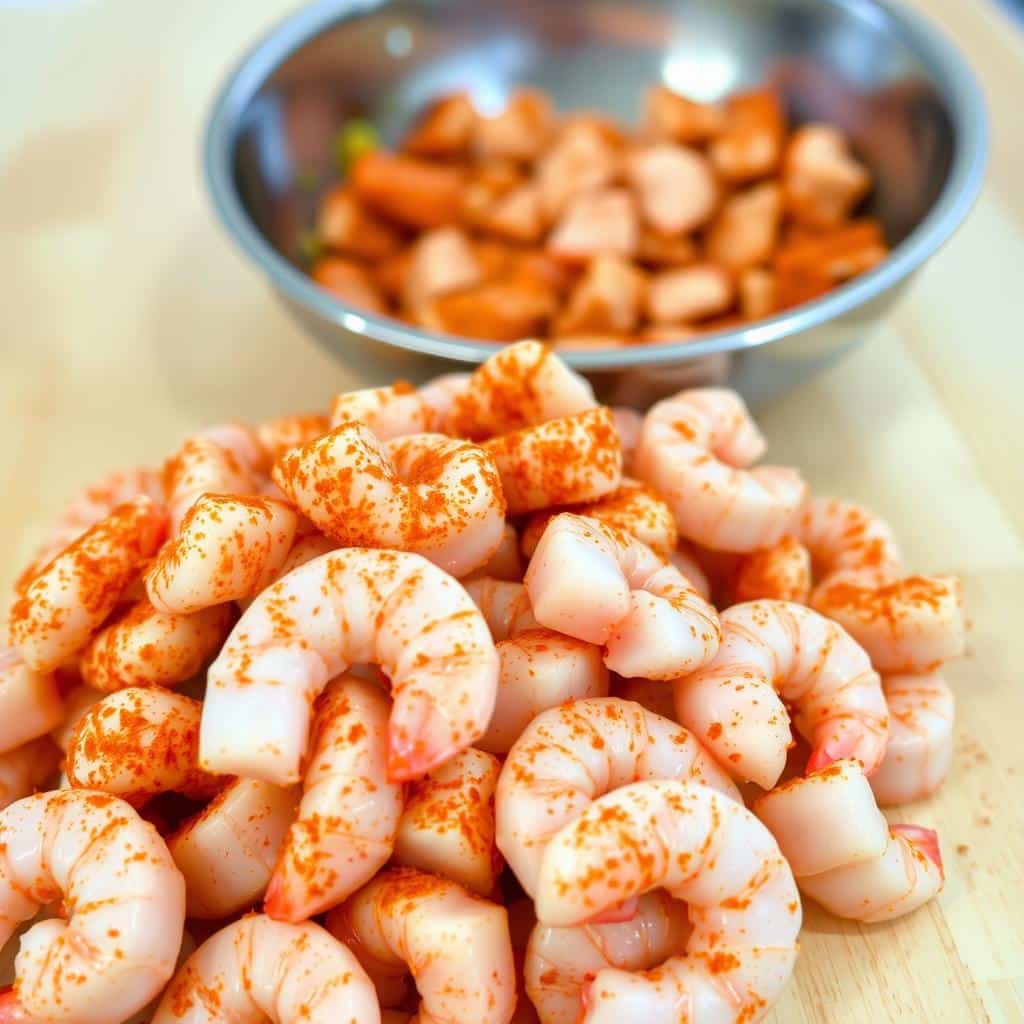 Cajun Seasoned Shrimp and Chicken Pasta Preparation