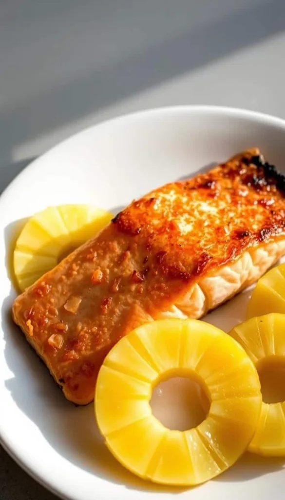 Healthy baked salmon with pineapple slices on a plate