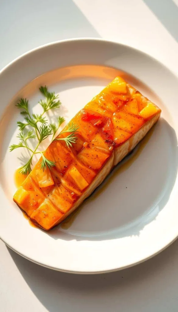 Pineapple glazed salmon on a white plate with herbs