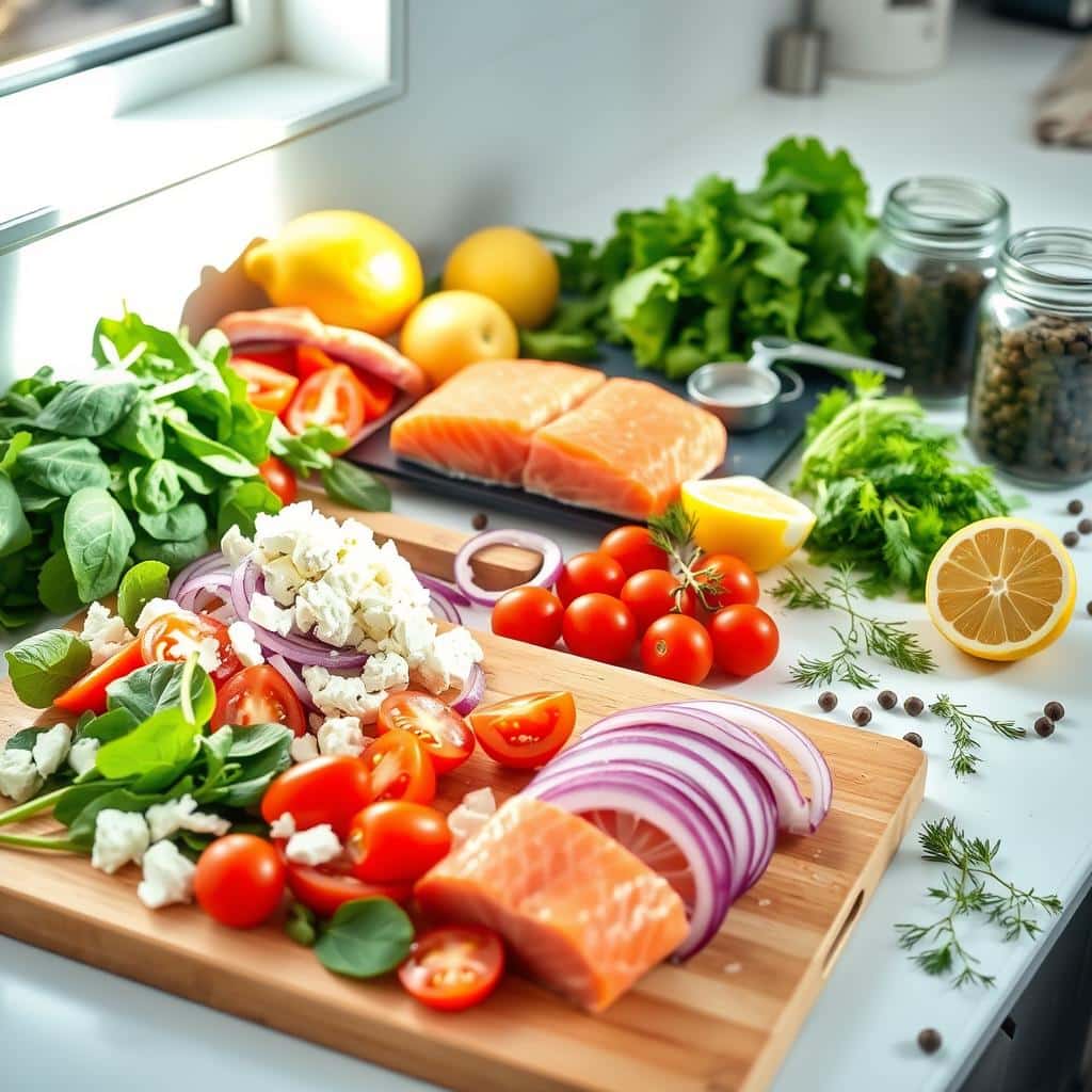 Fresh Ingredients for Mediterranean Salmon Pinwheels