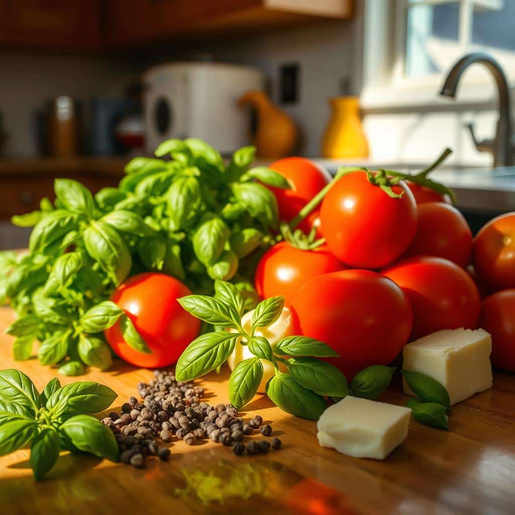 Fresh ingredients for tomato basil soup