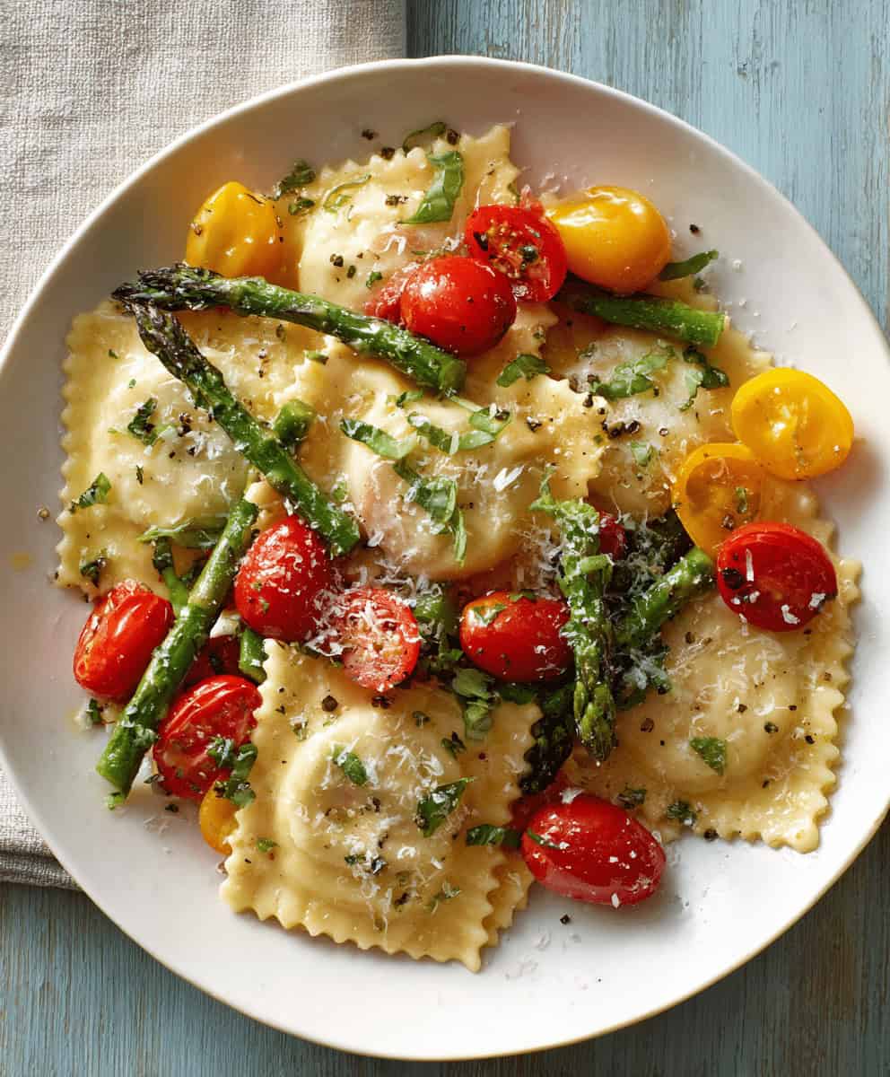 Ravioli with Tomatoes, Asparagus, Garlic, and Herbs