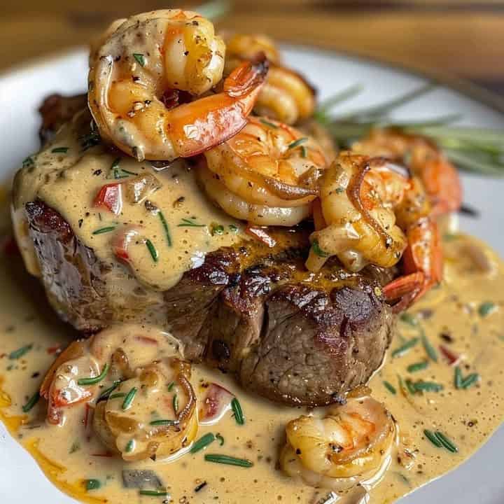 Steak in Creamy Cajun Shrimp Sauce (Surf & Turf)