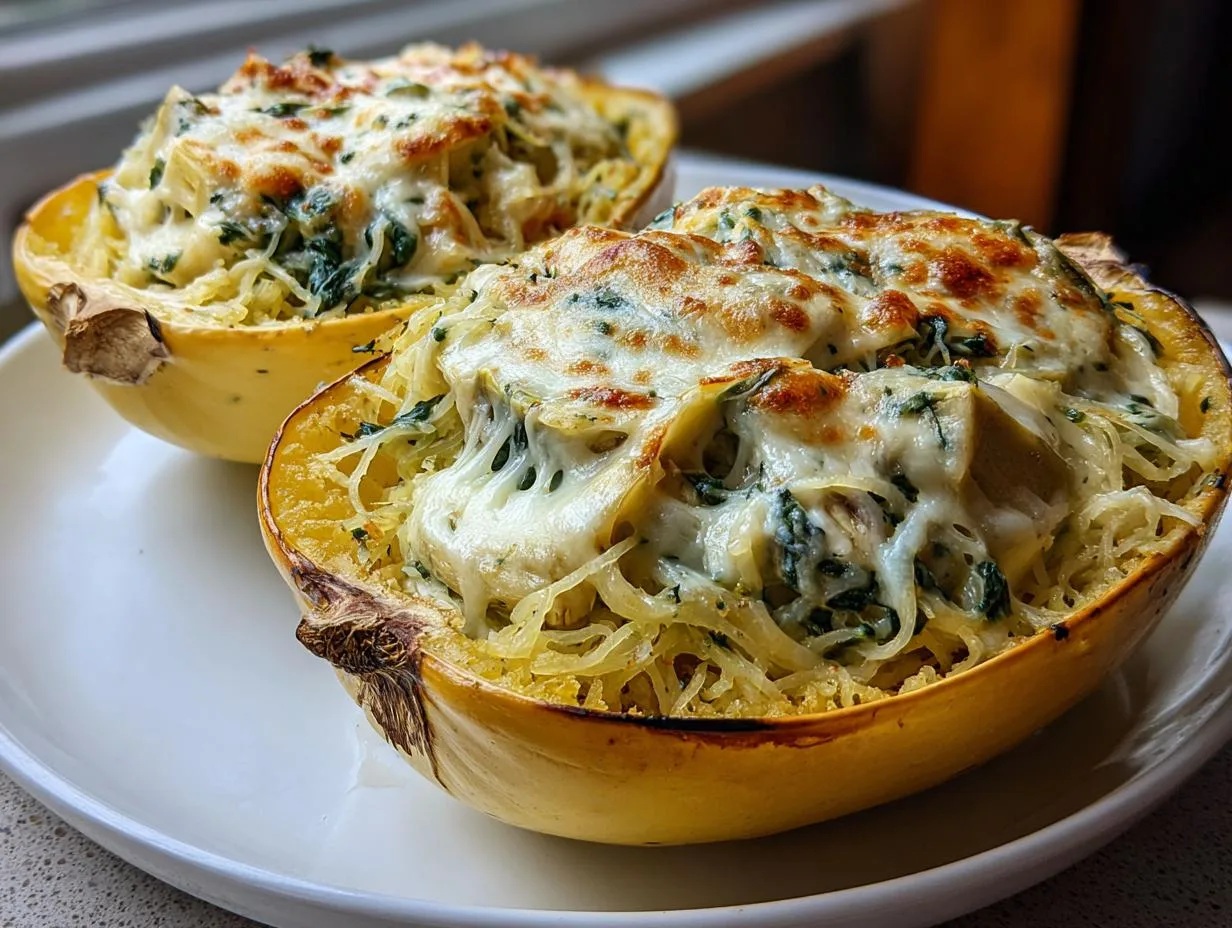 Cheesy Spinach and Artichoke Spaghetti Squash