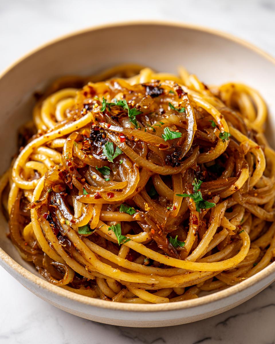 caramelized onion pasta with chilli oil - detail 1