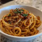 caramelized onion pasta with chilli oil