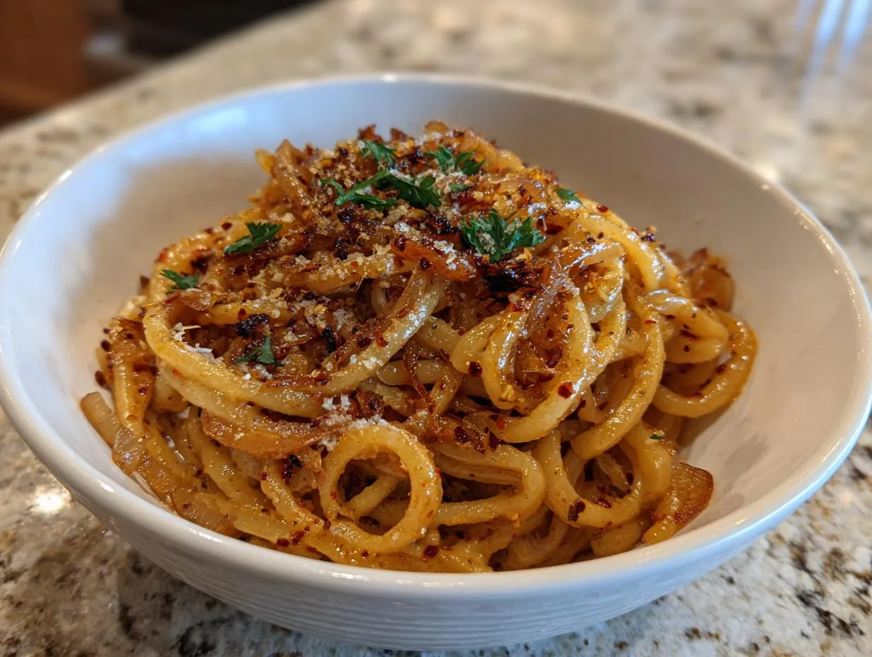 caramelized onion pasta with chilli oil