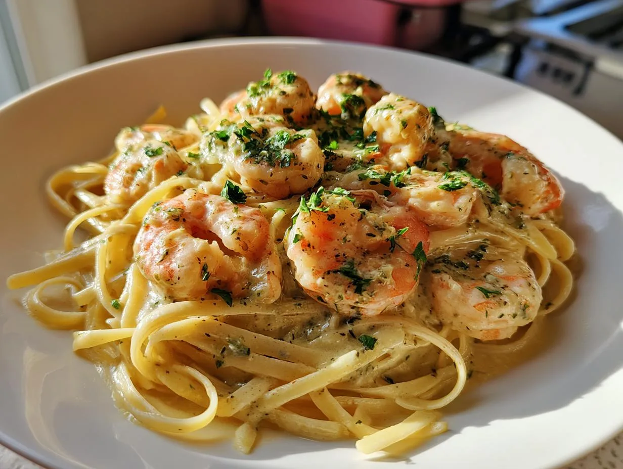 creamy garlic shrimp linguine