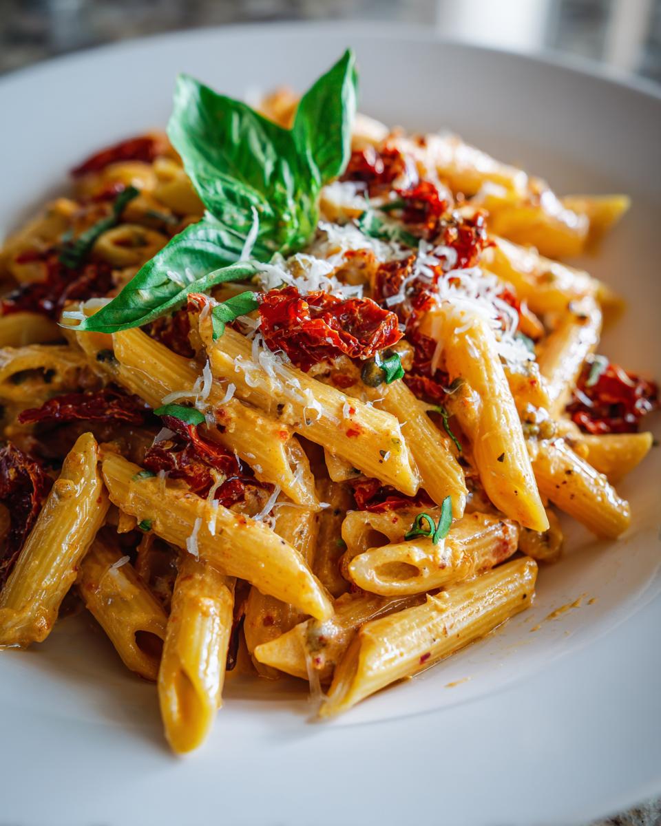 creamy sun-dried tomato pasta with capers - detail 1