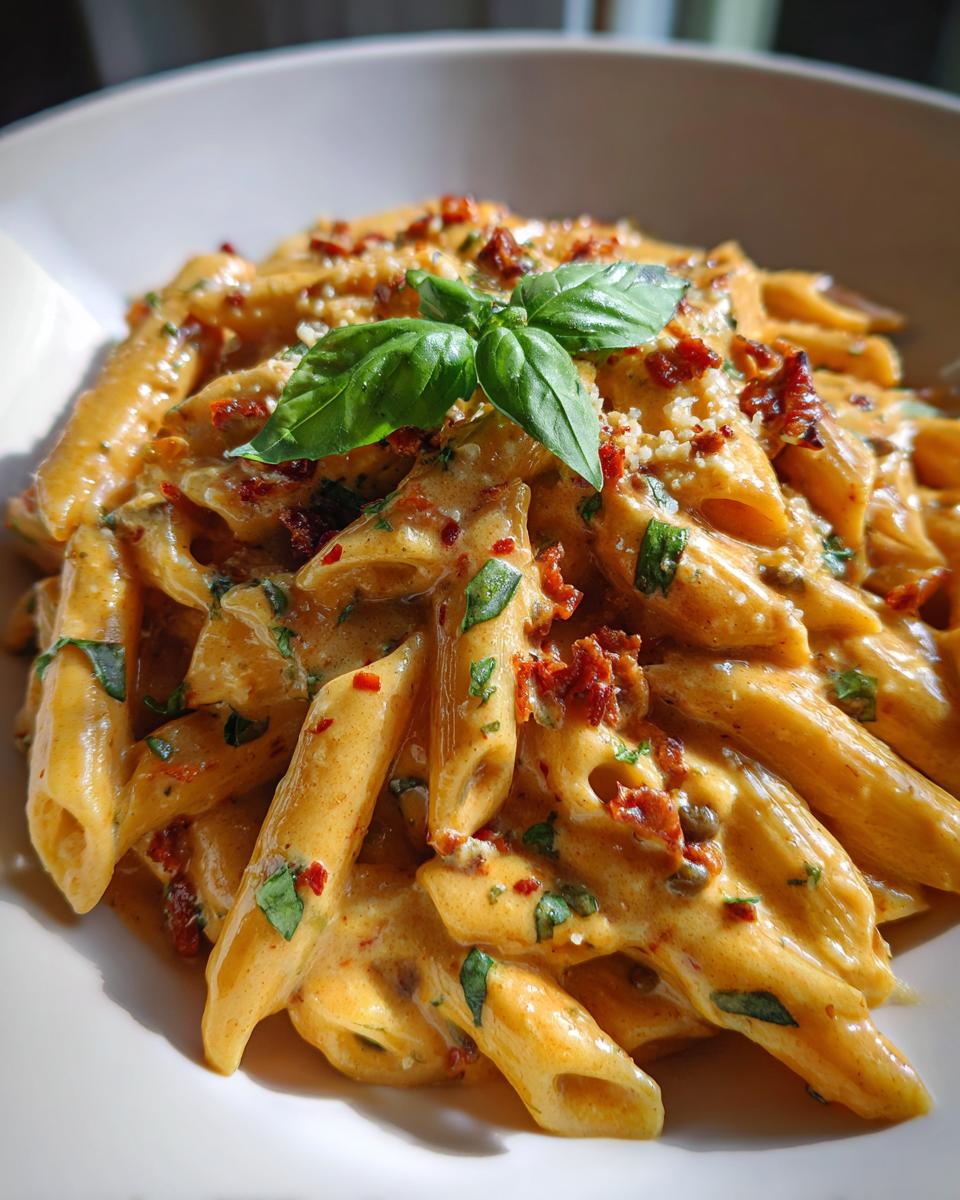 creamy sun-dried tomato pasta with capers - detail 2
