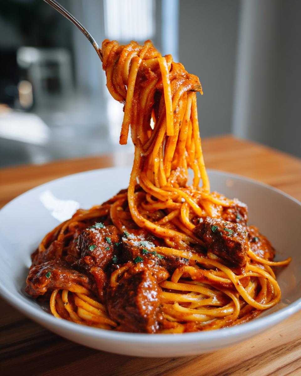 creamy tomato beef pasta - detail 1