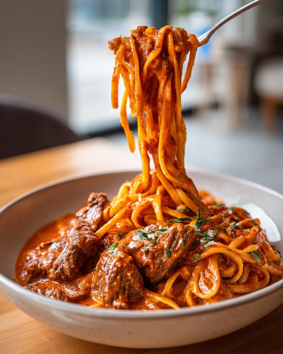 creamy tomato beef pasta - detail 2