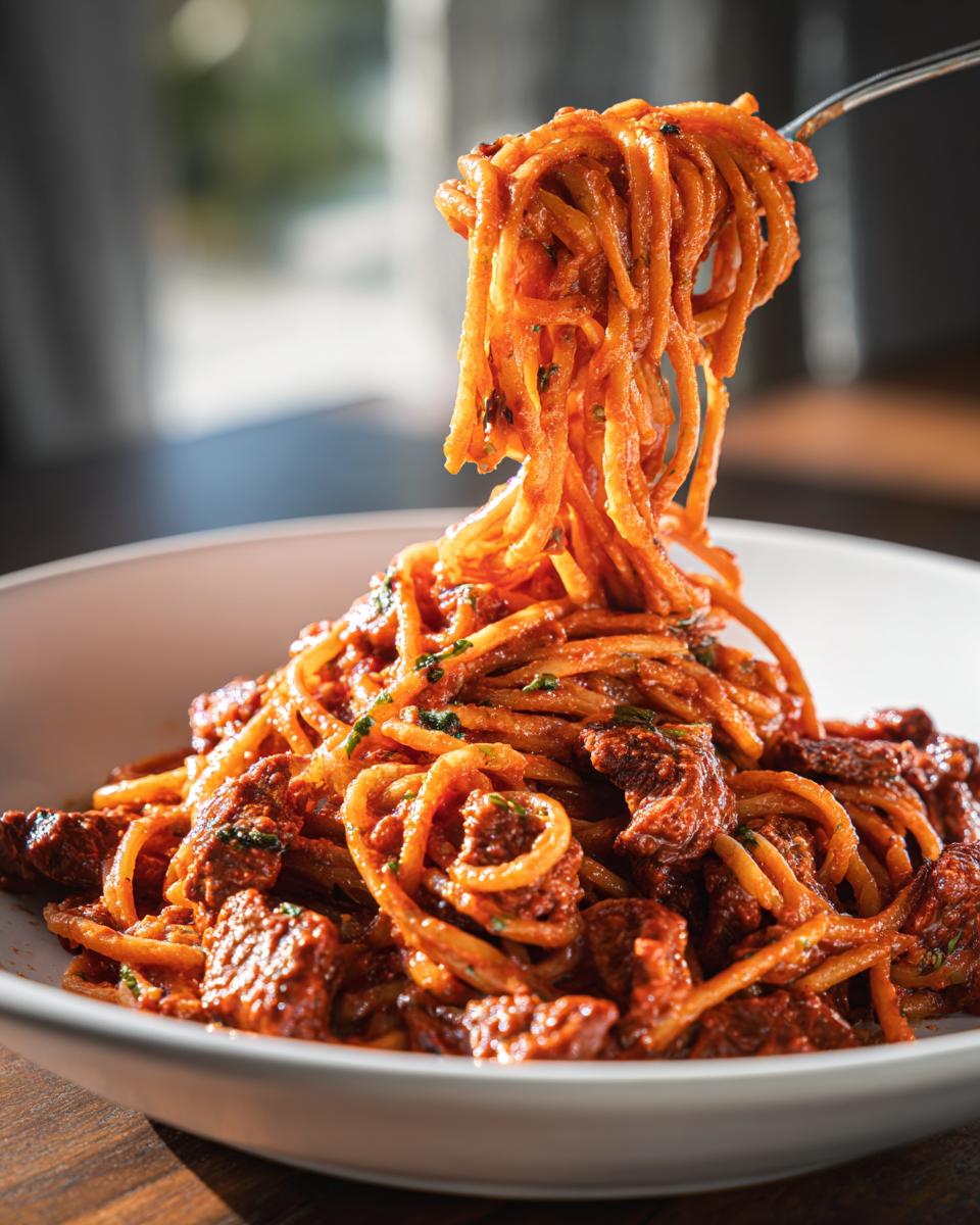 creamy tomato beef pasta - detail 3