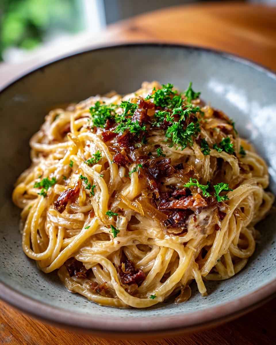 creamy vegan caramelized onion pasta - detail 1