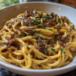 creamy vegan caramelized onion pasta