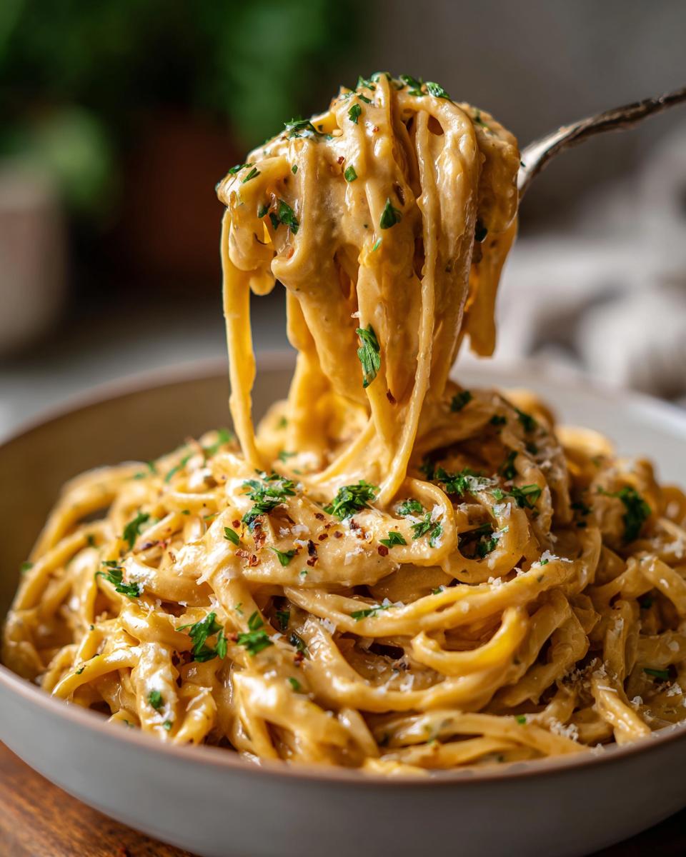 creamy vegan caramelized onion pasta - detail 2