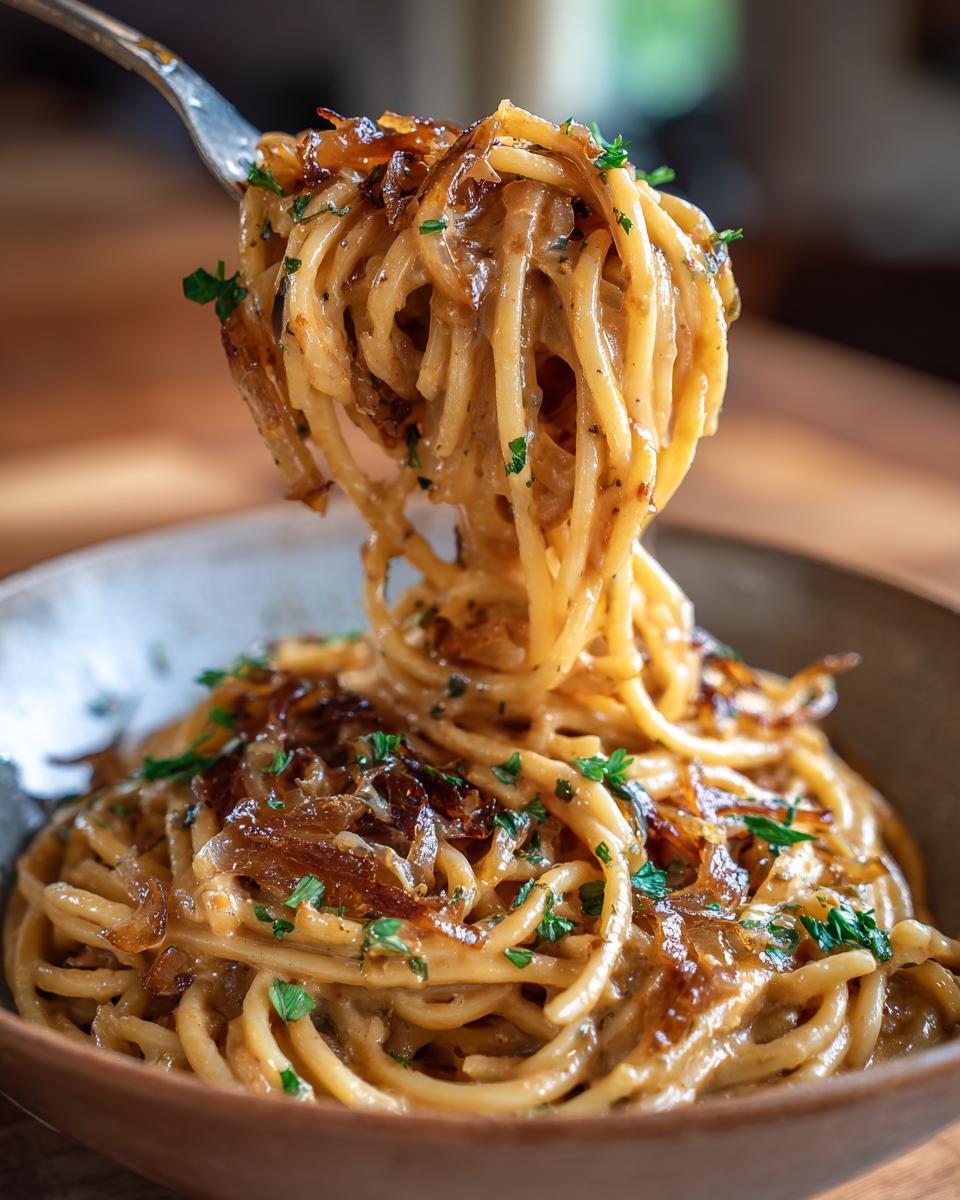 creamy vegan caramelized onion pasta - detail 3