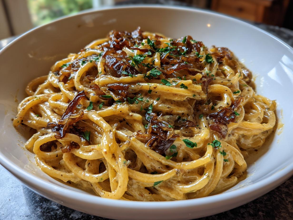 55-Minute Creamy Vegan Caramelized Onion Pasta – Decadent & Easy!