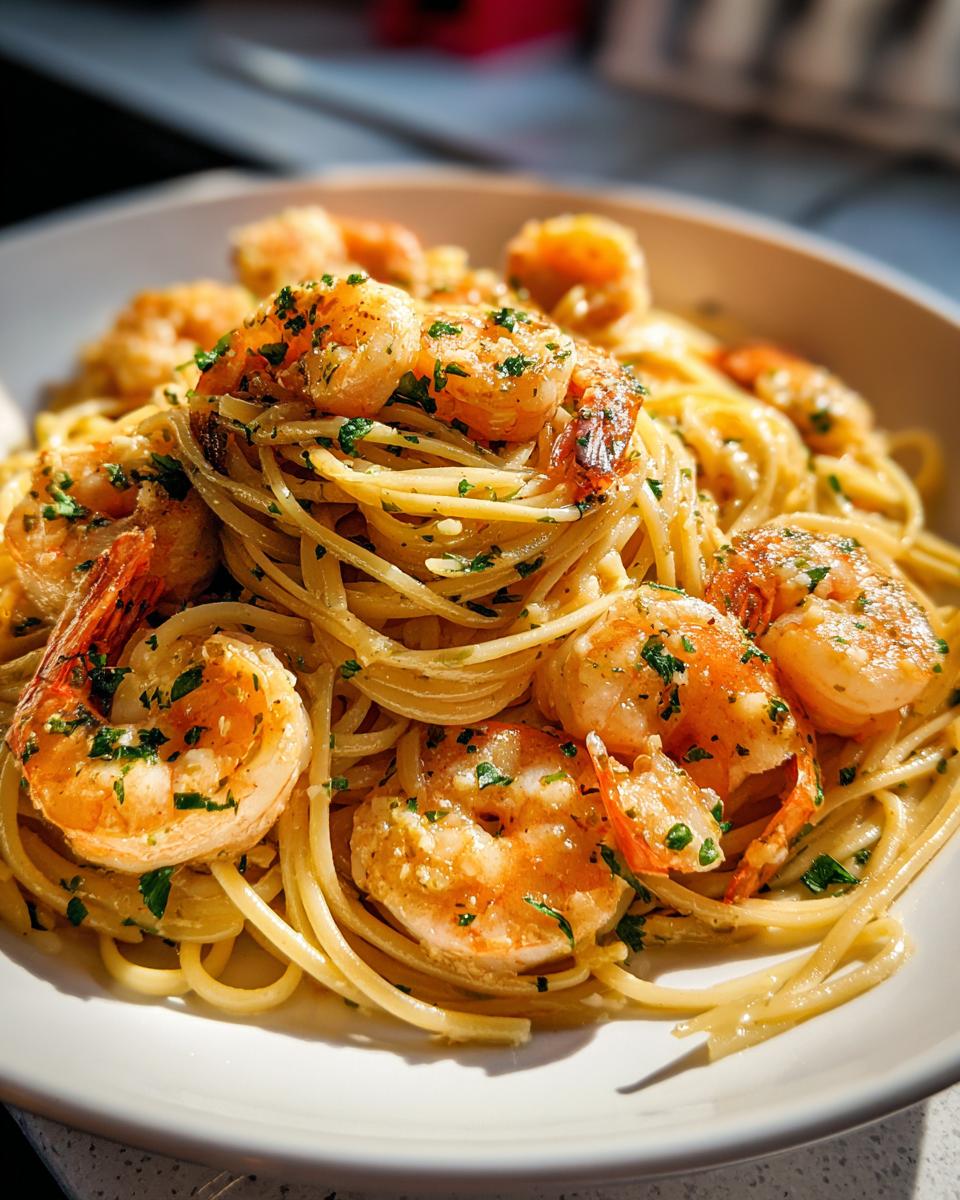 garlic butter shrimp pasta - detail 1