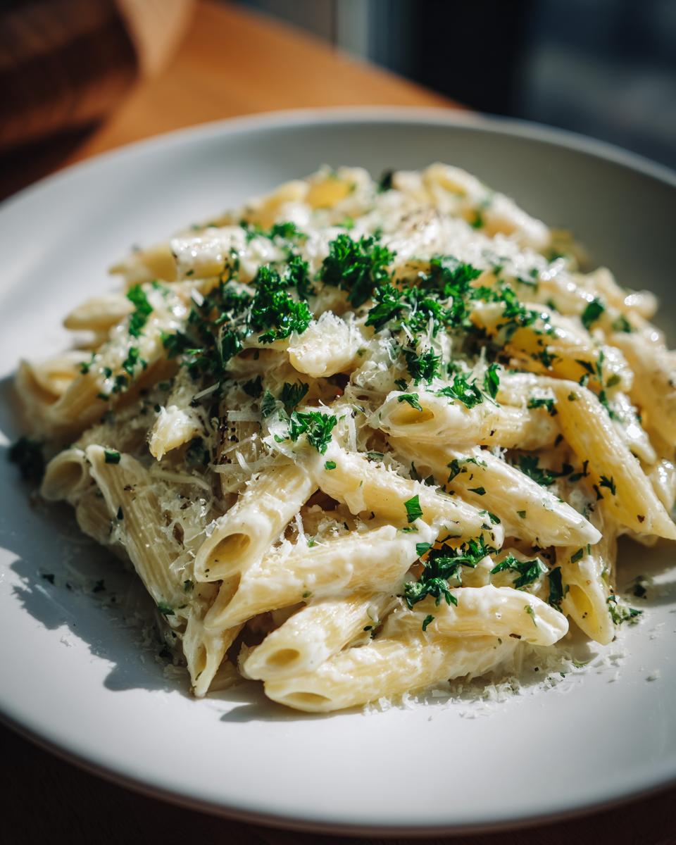 restaurant-style creamy garlic penne pasta - detail 1