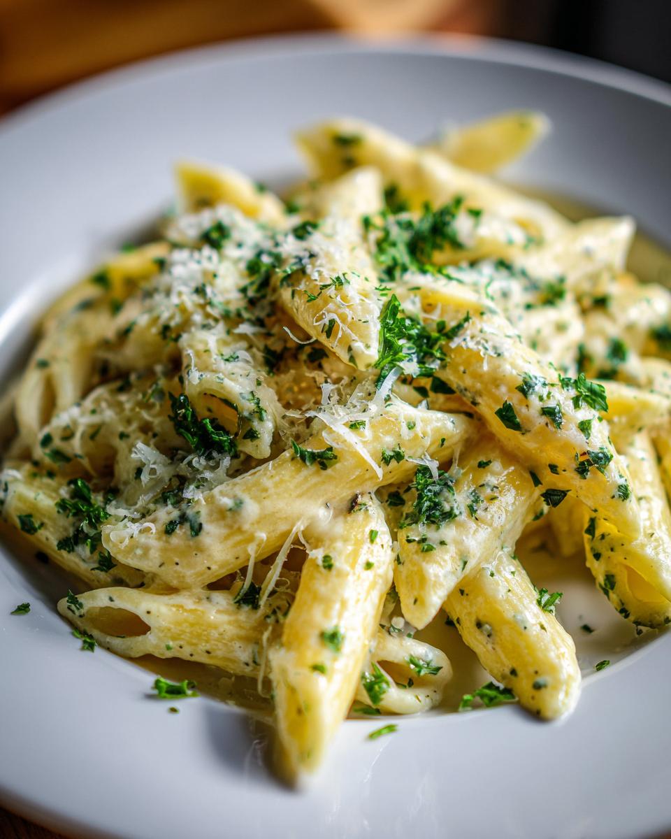 restaurant-style creamy garlic penne pasta - detail 2