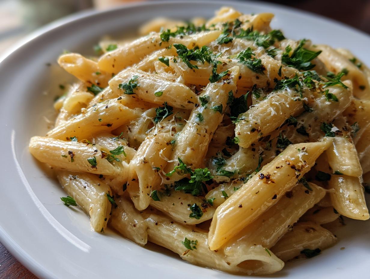 restaurant-style creamy garlic penne pasta - detail 3