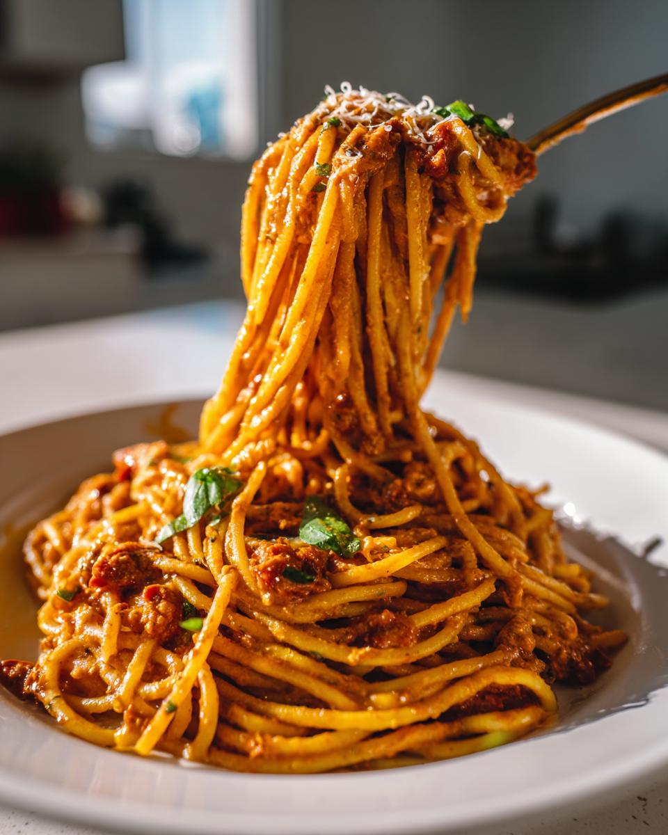 spaghetti with sun-dried tomato cream sauce - detail 1