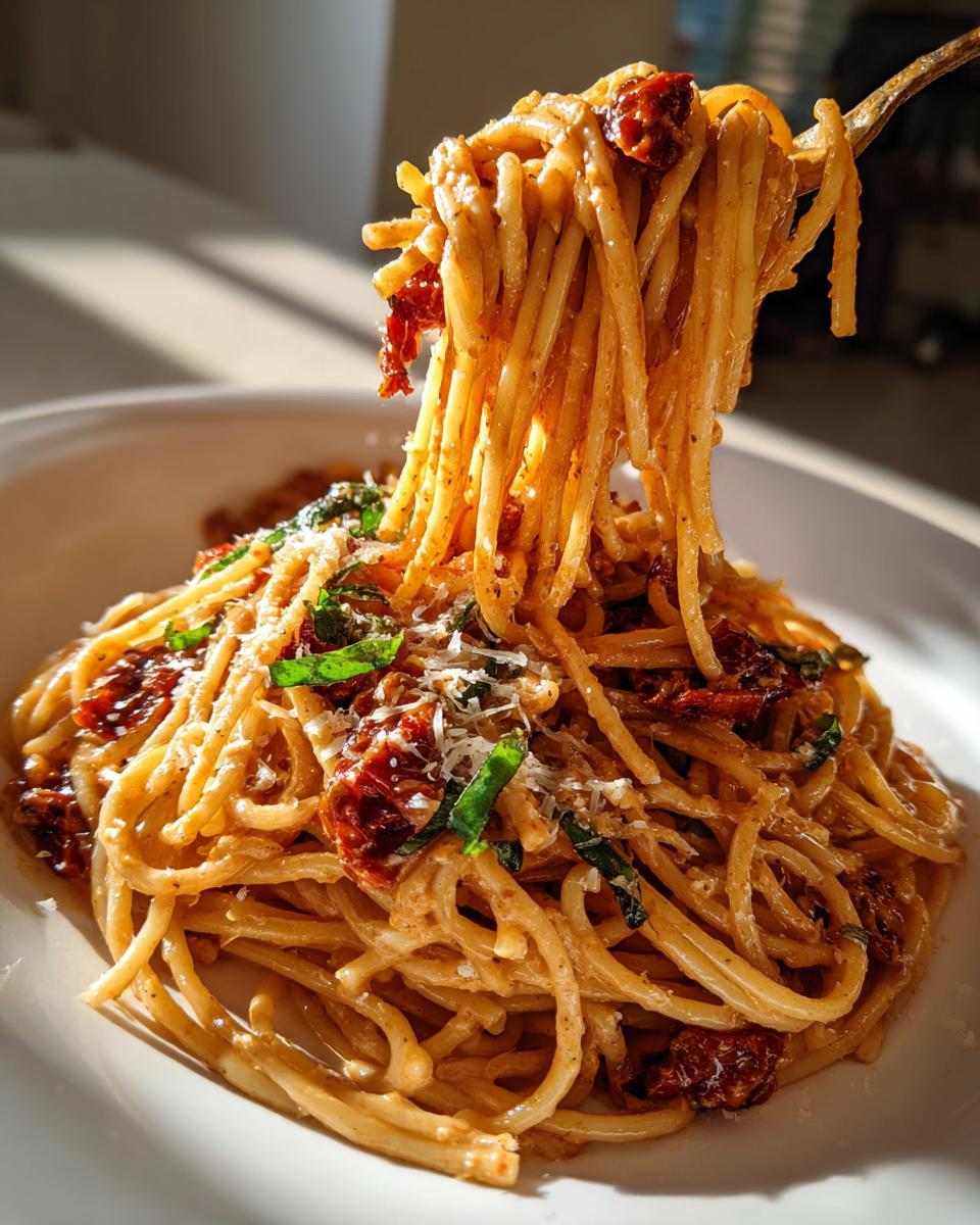 spaghetti with sun-dried tomato cream sauce - detail 2